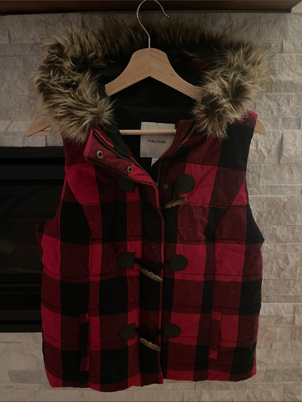 Maurices Red & Black Buffalo Plaid Faux-Fur Hooded Puffer Vest